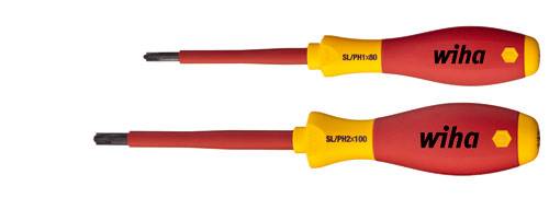Two isolated slotted screwdrivers. The handles are red and yellow and marked with the 'wiha' branding.