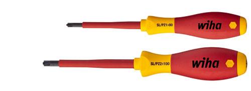 Two isolated screwdrivers with red handles and yellow ends. One is labelled 'SL/PZ1-80', the other 'SL/PZ2-100'.