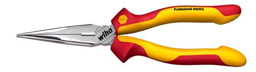 Long pointed pliers with red and yellow handles, labelled as 'Professional electric' and with the brand 'Wiha'. Suitable for electricians.