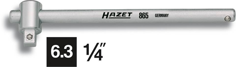 Ratchet adapter, size 6.3 mm, Hazet 865, manufactured in Germany. Silver metal rod with movable head and square drive.