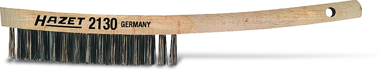 A wire brush with a wooden handle, stamped with 'Hazet 2130 Germany'. The bristles are metallic. Primarily for cleaning purposes.