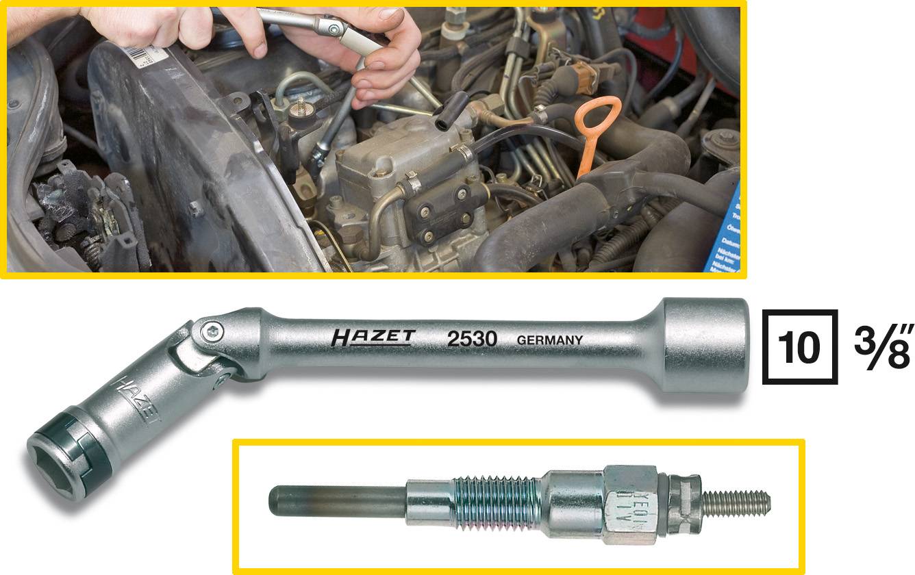 A mechanic is using a Hazet tool on a car engine. A close-up view of a glow plug is shown in the bottom right.
