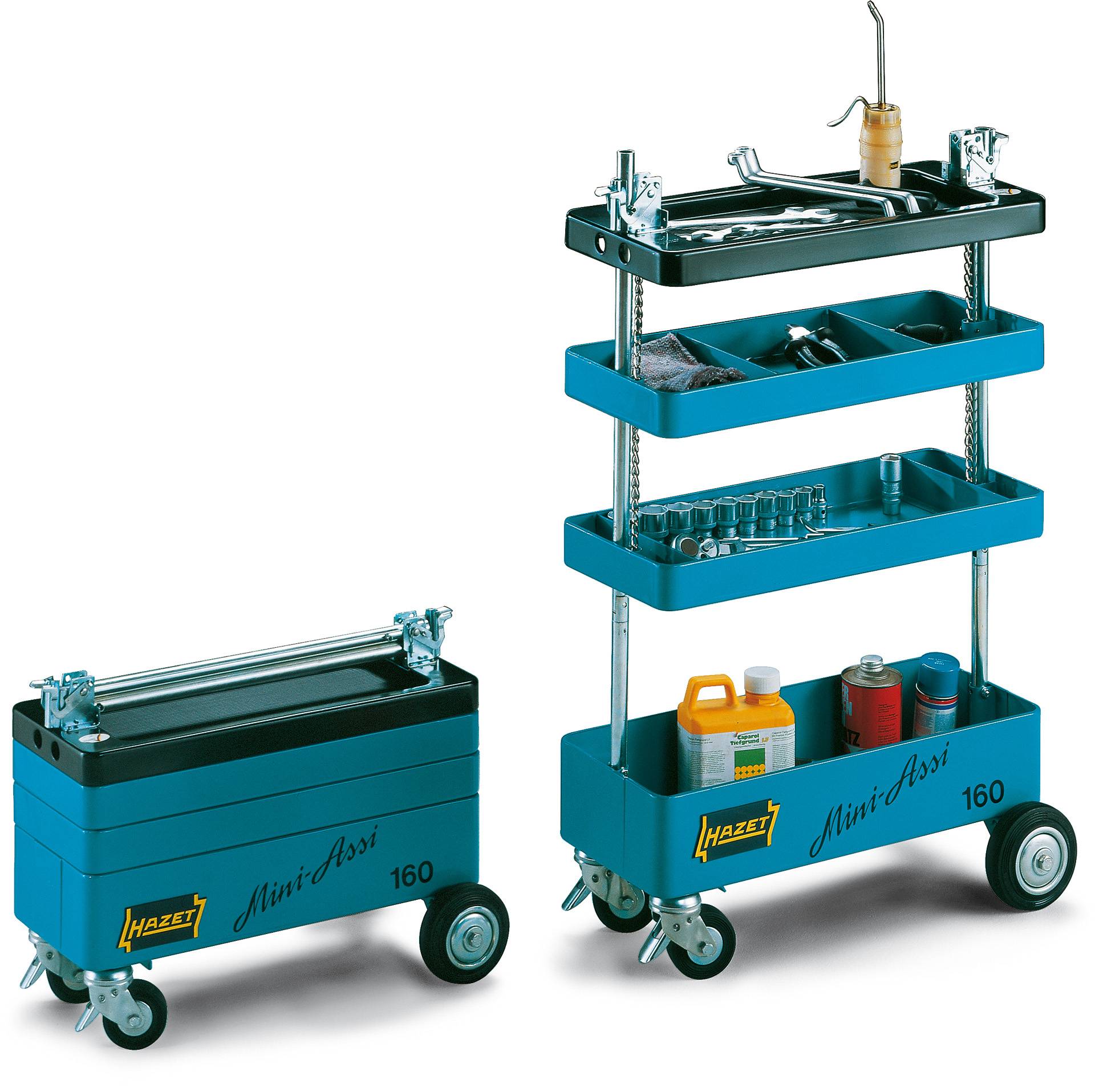 A blue multi-level tool trolley with wheels. Middle left in a folded, portable version. Ideal for tools and liquids.