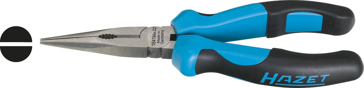 Long pointed pliers by Hazet with blue and black handles, suitable for precision work. Half-disc symbol to the left.