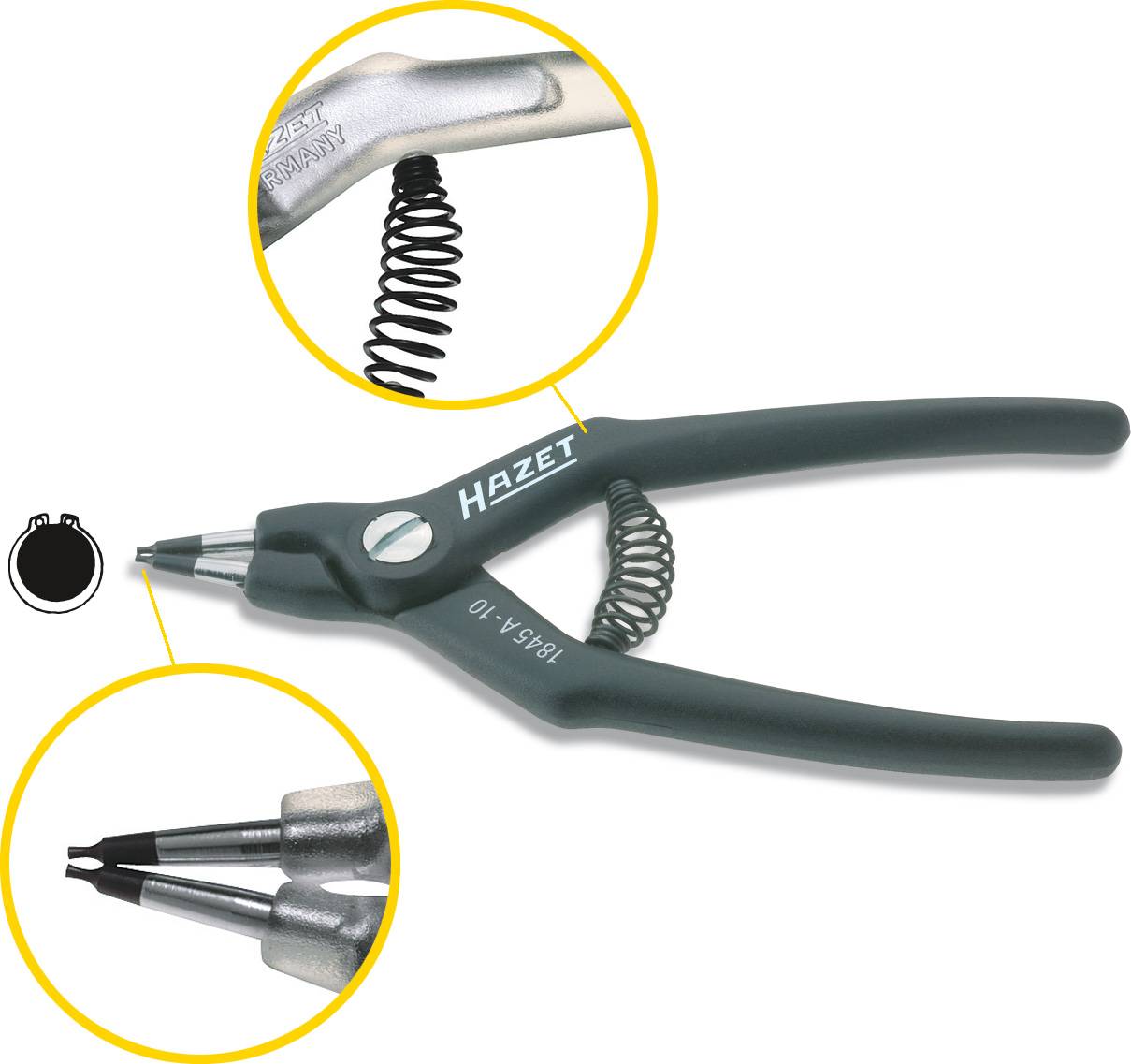 Pictured is a Hazet pliers with two zoom views, showing the spring and the pliers' tips in an enlarged representation.