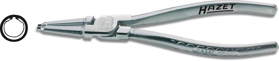 A silver plier-type tool with the inscription 'Hazet', suitable for circlips. On the left, a symbol of an open ring.