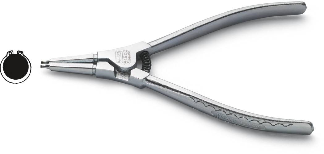 Silver circlip pliers with angled tips, positioned next to an illustration of a circlip, demonstrates the tool's utility for removing rings.