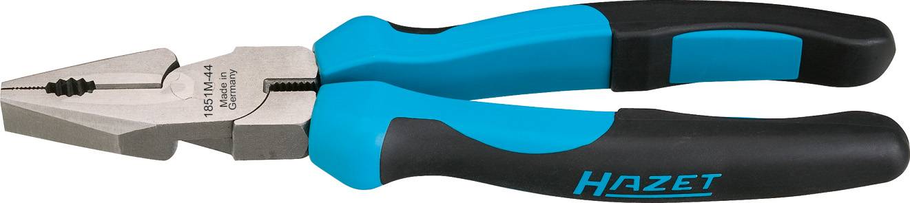 A silver combination pliers with blue and black handles. 'Hazet' is written on the handle. Ideal for gripping and cutting.