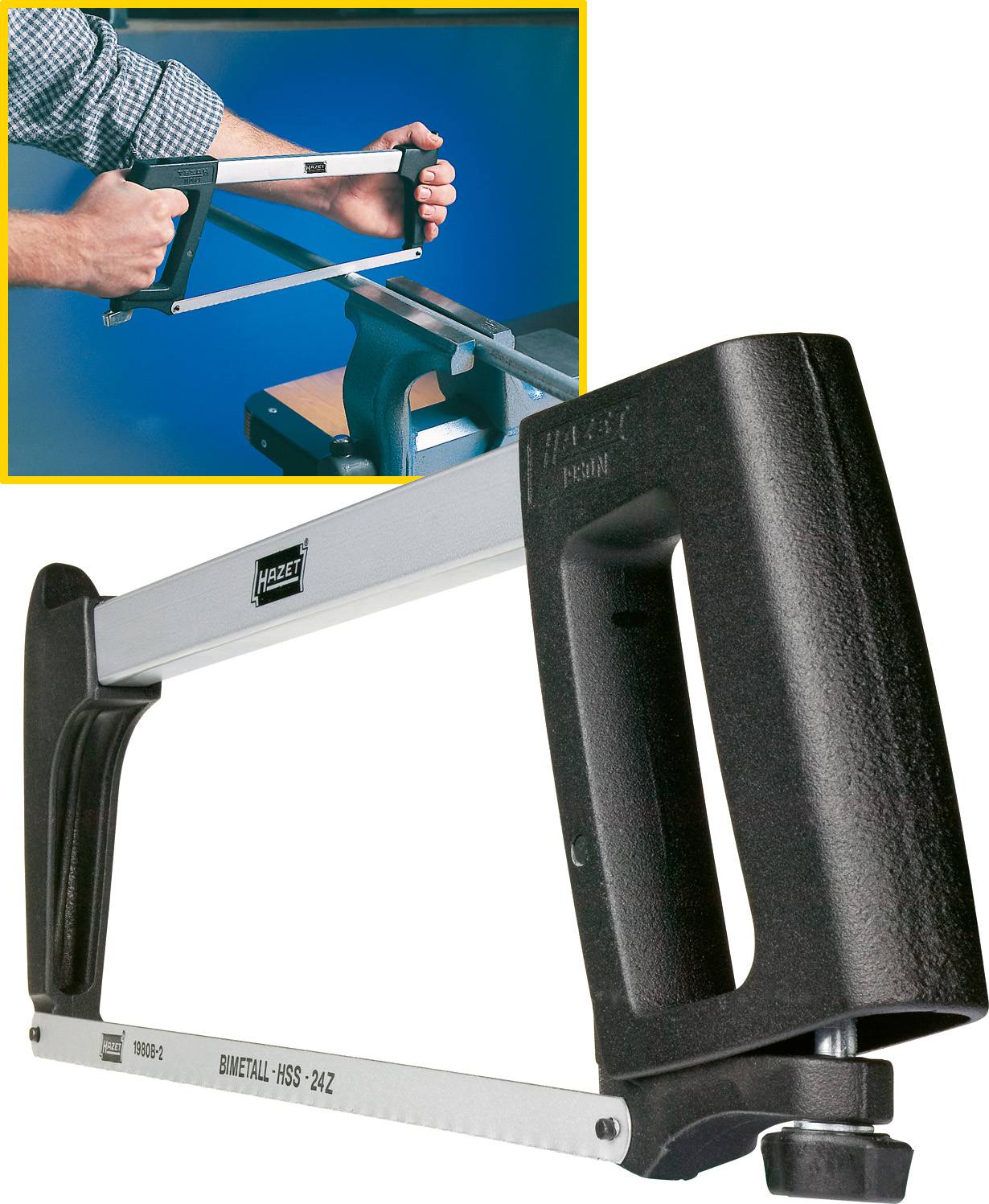 A hand is sawing metal with a metal saw clamped in a vice. The handle is ergonomically shaped.