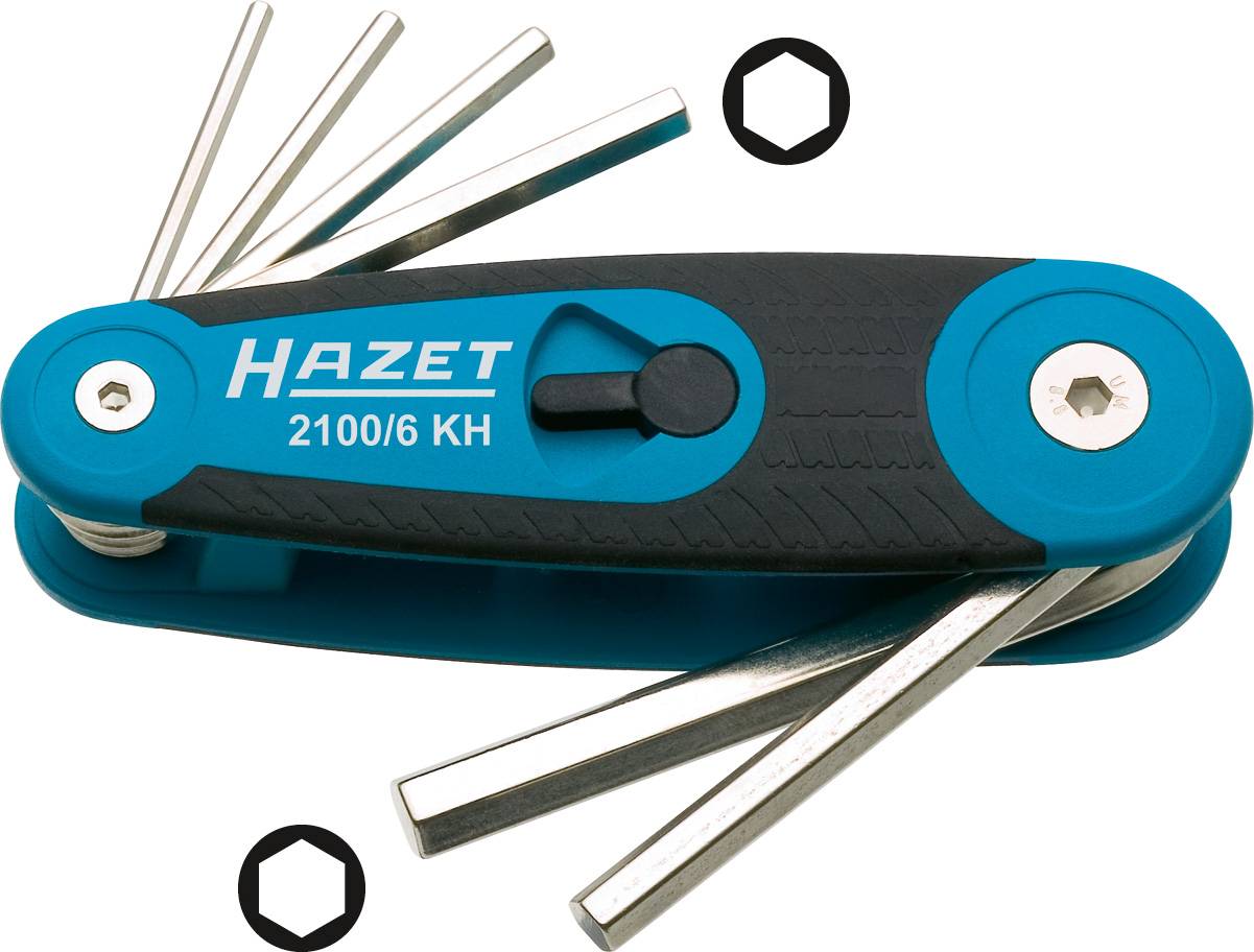 'HAZET 2100/6 KH' Hexagon Key Set, Foldable, with Six Tools, Ergonomic Design, Black-Blue, Compact and Portable.