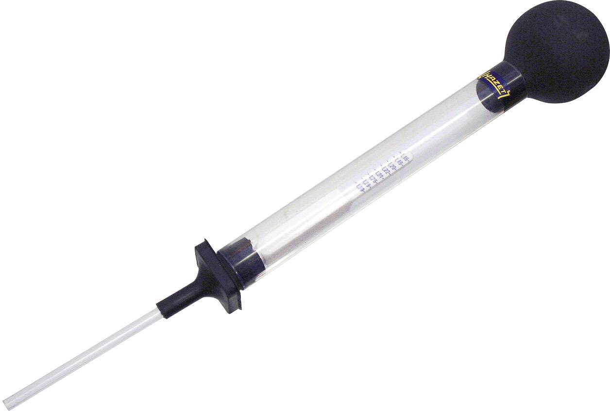 A clear turkey baster with a black bulb and transparent tube, used for moistening roasts or other dishes.
