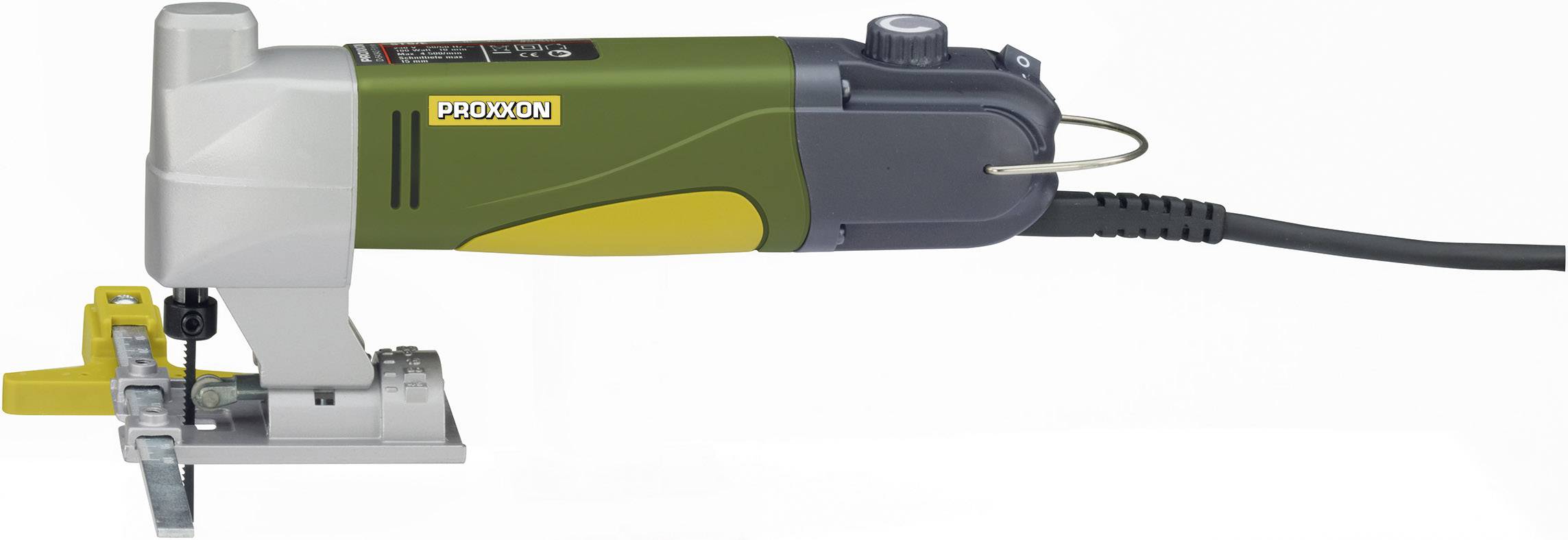 Electric jigsaw in green-grey housing with yellow accent, marked with 'Proxxon', lying horizontally.