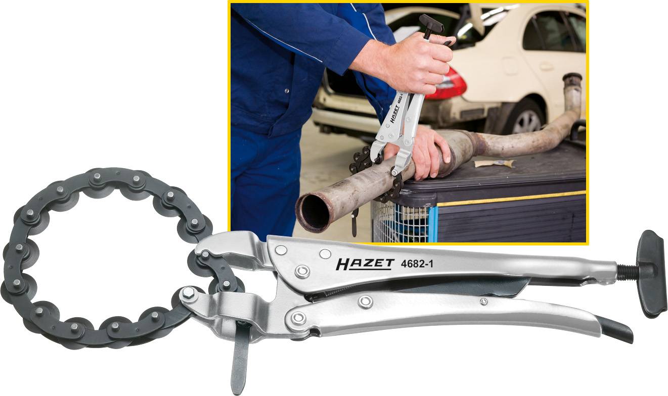 Chain cutter, model 'HAZET 4682-1', cuts exhaust pipe. Background shows application on a motor vehicle.