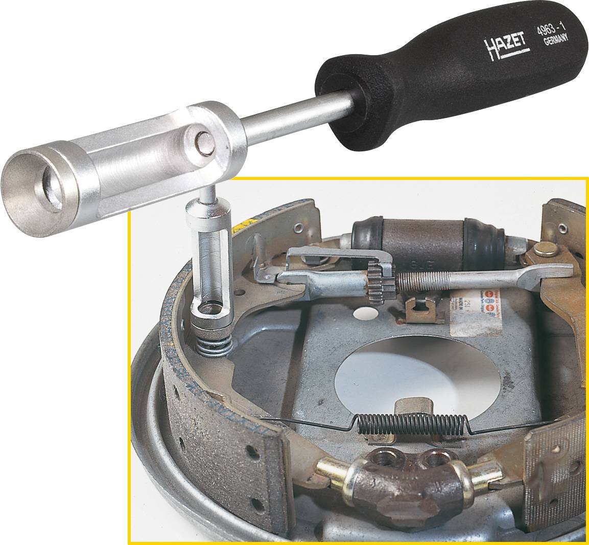 A tool with a black handle is used to adjust a brake drum mechanism.