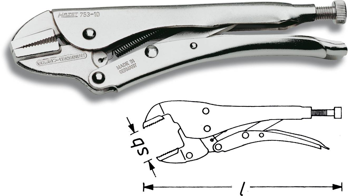 Metal pliers with adjusting screw, Model 'HAZET 753-10'. Schematic diagram with length specifications underneath. Tool description.