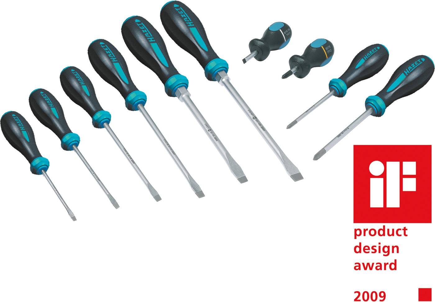 A set of screwdrivers in various sizes is laid out. At the bottom right is a logo with the inscription 'iF product design award 2009'.