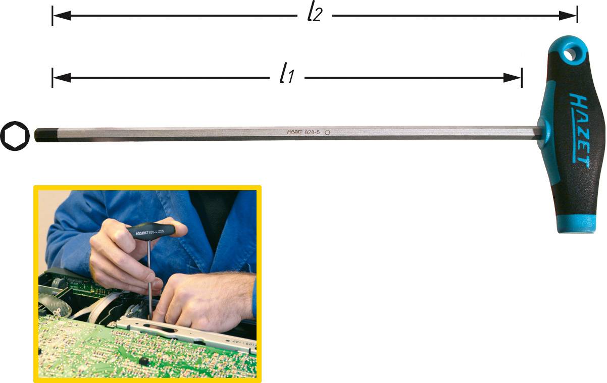 T-Griffith key with long rod and five-sided head. Inserted close-up shows the key in use when loosening a nut.