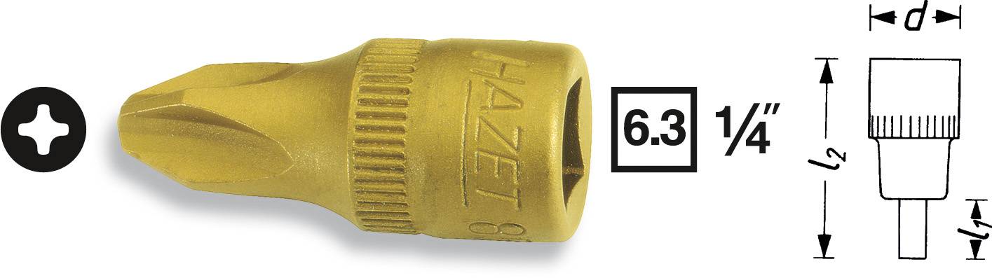 Hazet screwdriver bit with 6.3 mm (1/4 inch) drive in Phillips head design, yellow metal colour, technical drawing on right.