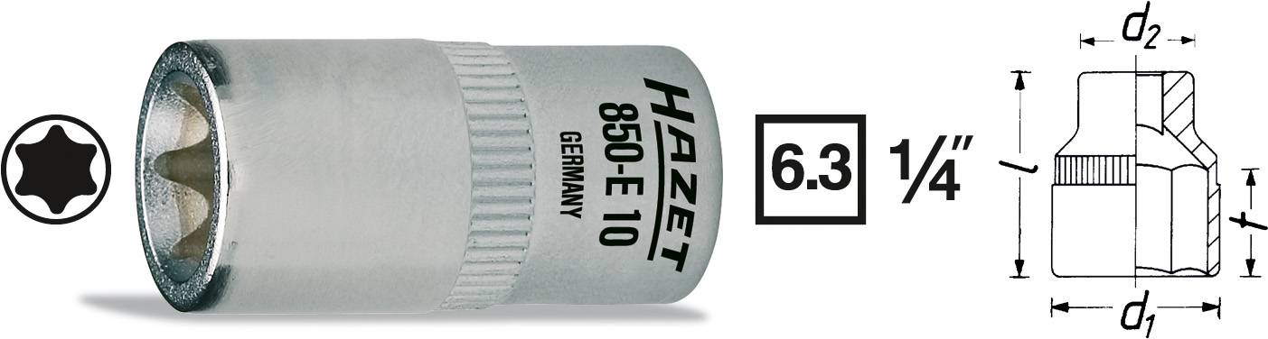'Hazet 850 E 10 Socket Wrench, 6.3 mm (1/4 inch)', with technical drawings on the right. Primary material: Metal, manufactured in Germany.