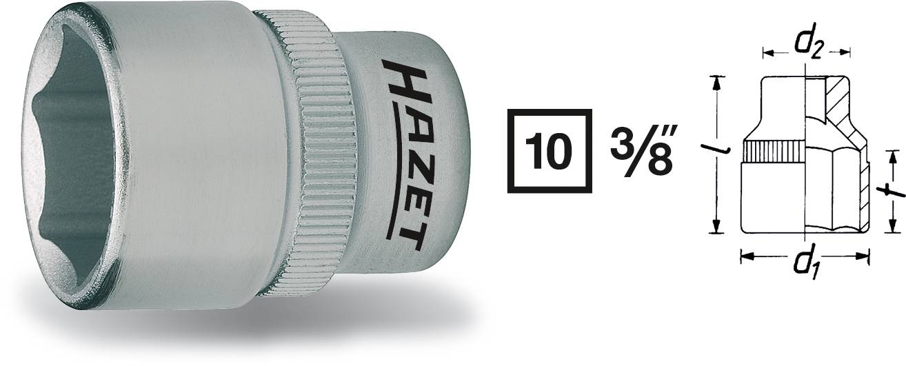Socket insert by Hazet, size 10, 3/8 inch. Technical drawing with dimensions d1, d2 and length l positioned to the right.