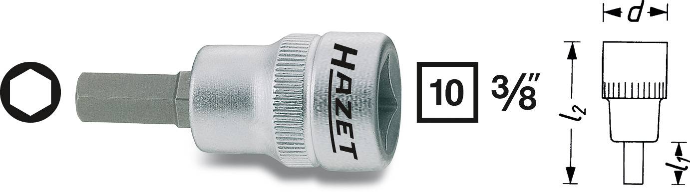 'HAZET 10 3/8 Zoll Bit' Steckschlüsseleinsatz, mit Sechskantprofil, geeignet für Schraubarbeiten. Enthält technische Maße.