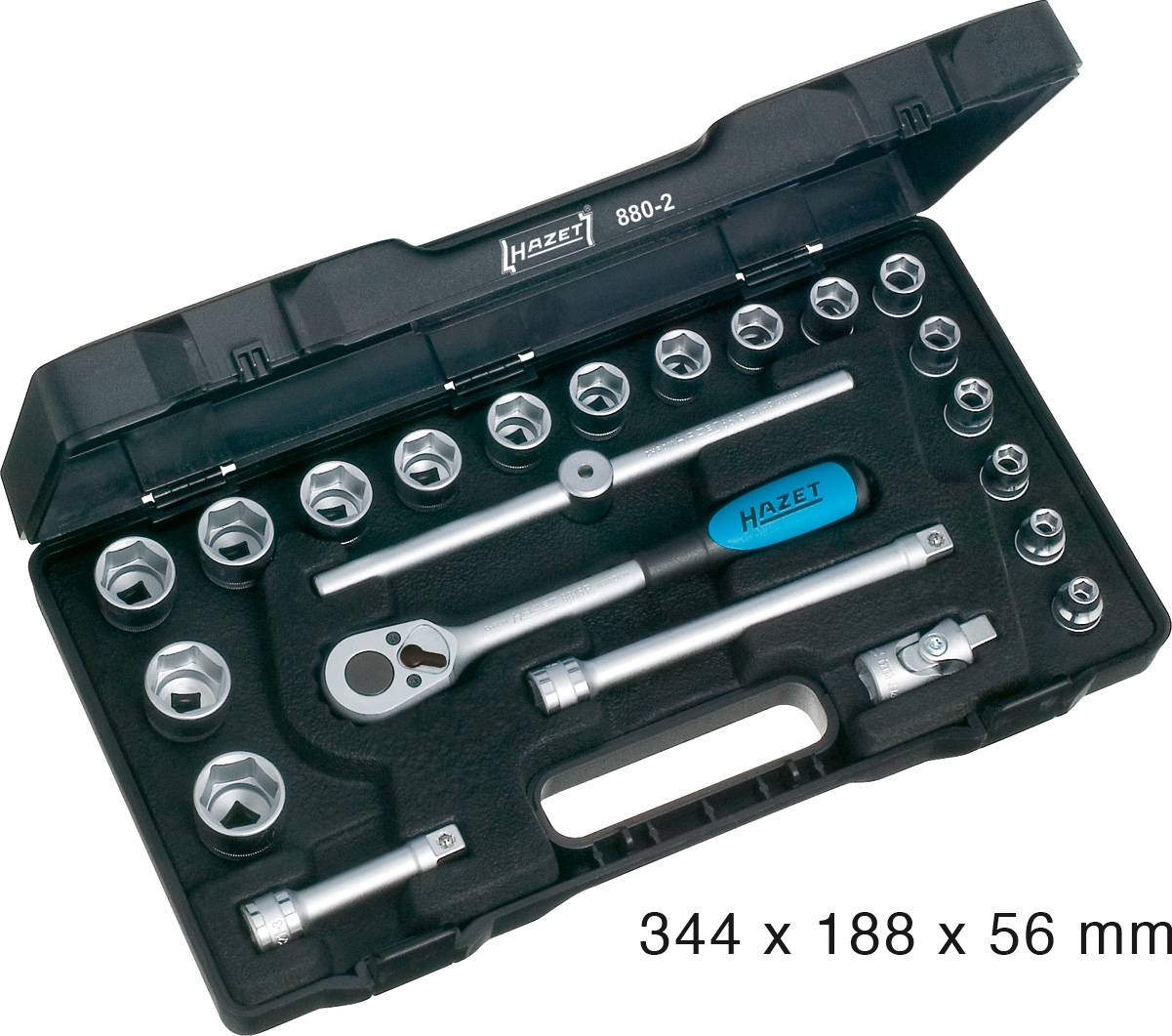 Set of socket keys in a black plastic case. Contains various nuts and a ratchet system, ideal for tool requirements.
