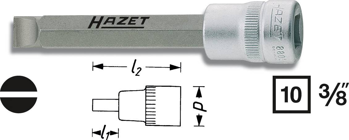 Square tool attachment by Hazet with dimensions: L2, P. Shows a flat blade, suitable for screw work. Size: 10, 3/8-inch.