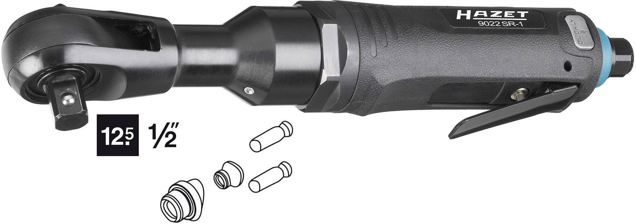 Hazet brand air ratchet spanner, model number 9022 SSW-1, shows the connection point, surrounded by accessories.