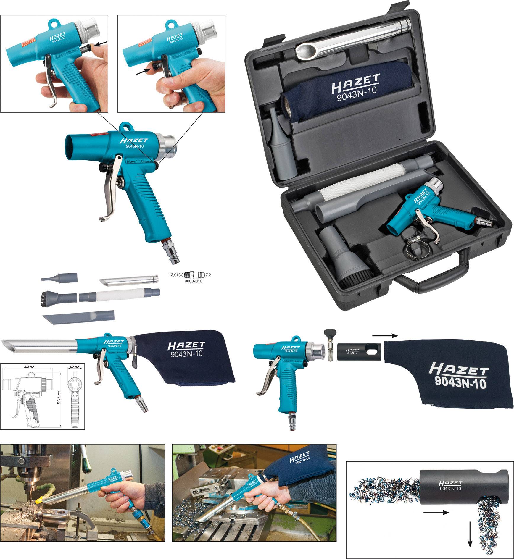 Air compressor kit with an air blow gun. Contains various nozzles and accessories. Ideal for cleaning in workshop environments.