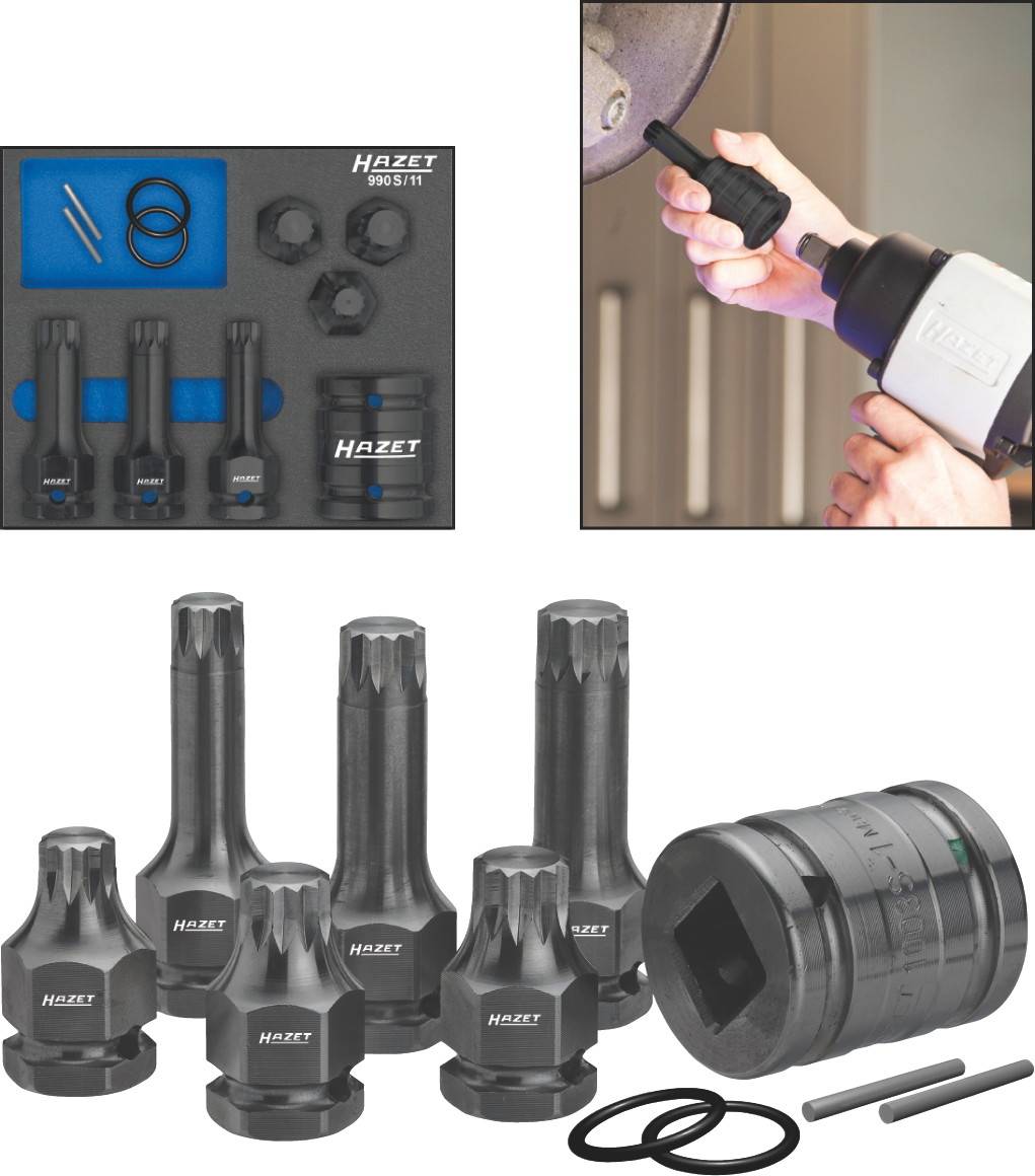 A tool set with various socket wrenches and rings. Next to the box is an image showing its application on a vehicle wheel.