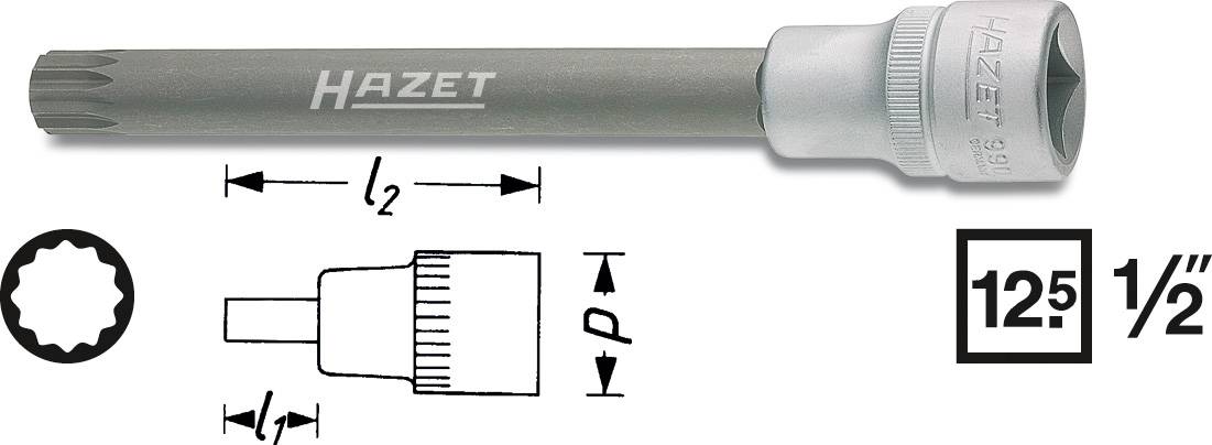 Hex Socket by Hazet, Torx Design, 12.5 mm (1/2 inch), Length and Grip Symbol Illustrations. Suitable for Precise Tool Applications.