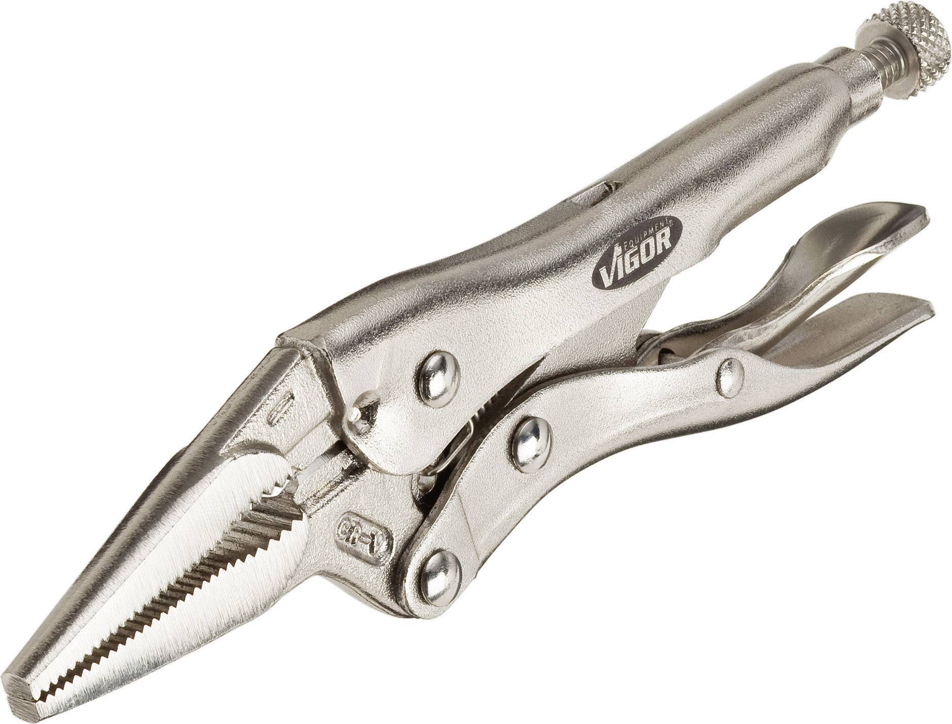 Metal locking pliers with a ribbed grip, pointed gripping jaws and screw adjustment, suitable for precise gripping of objects.