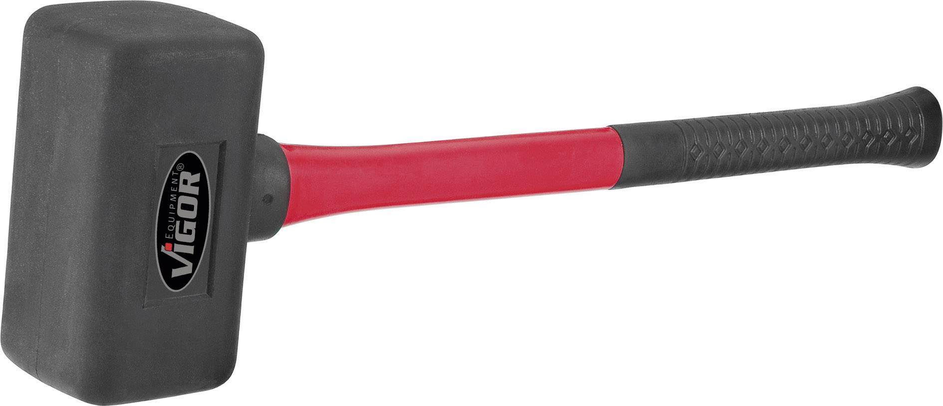 Rubber mallet with a grey head, red handle, and black handle section. 'VIGOR' logo on the side of the hammer head.