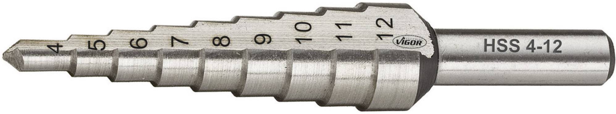 Stepped HSS steel drill bit with graduated diameters from 4 to 12 mm, identifiable by the markings on the stages.