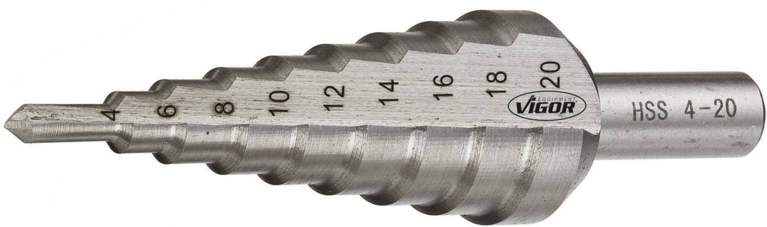 Steel step drill bit with diameter size markings from 4 to 20 mm, suitable for metal drilling.
