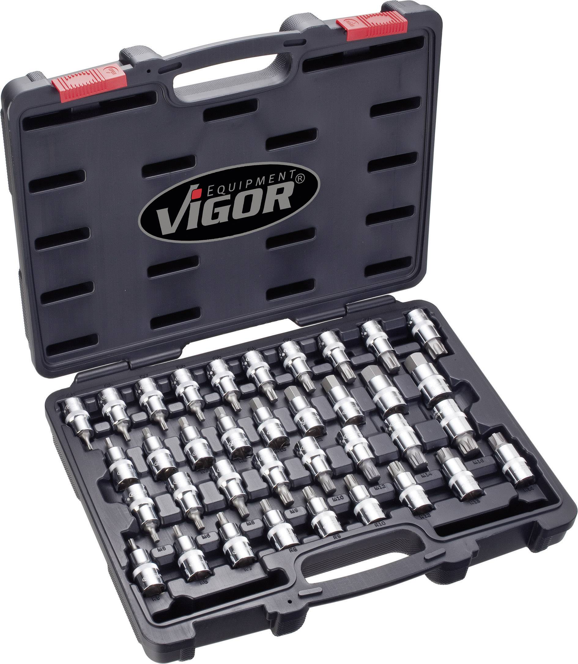 Opened black toolbox with VIGOR logo, filled with several socket wrenches arranged in an orderly manner.