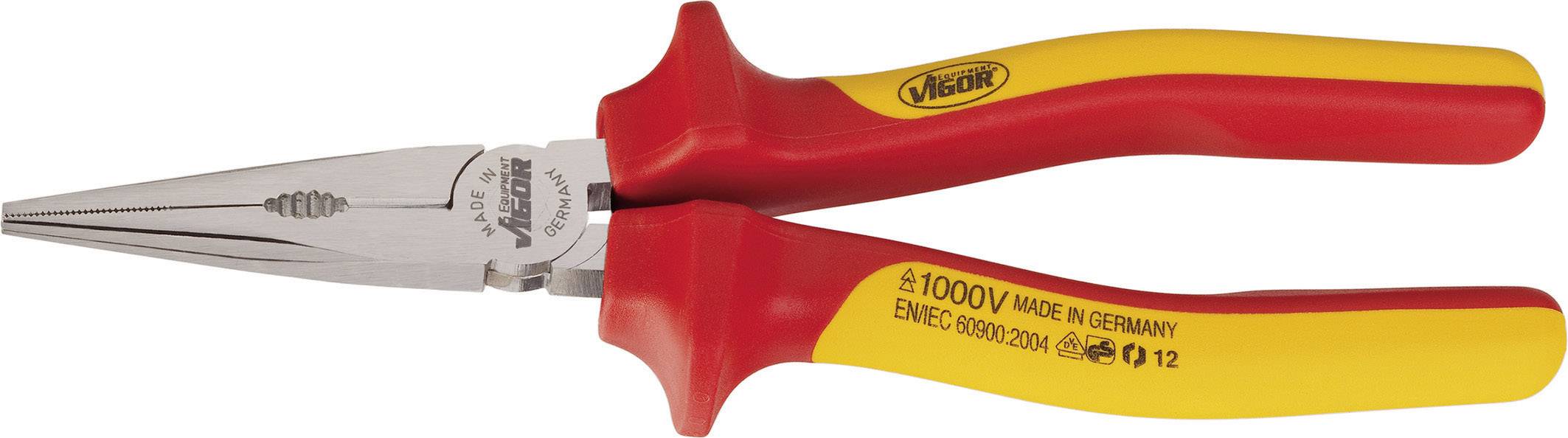 A red and yellow VDE-certified pointed pliers with insulated handles, suitable for work up to 1000 volts.