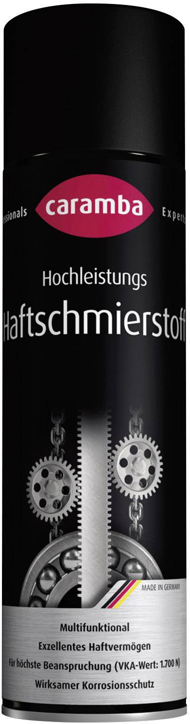 Black spray can 'High-Performance Adhesive Lubricant' by Caramba with gear graphic. Made in Germany, excellent adhesion properties.