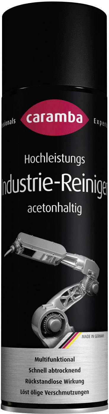 Black spray can with the inscription 'caramba High-Performance Industrial Cleaner acetone-based'. Showing a metal component. Made in Germany.