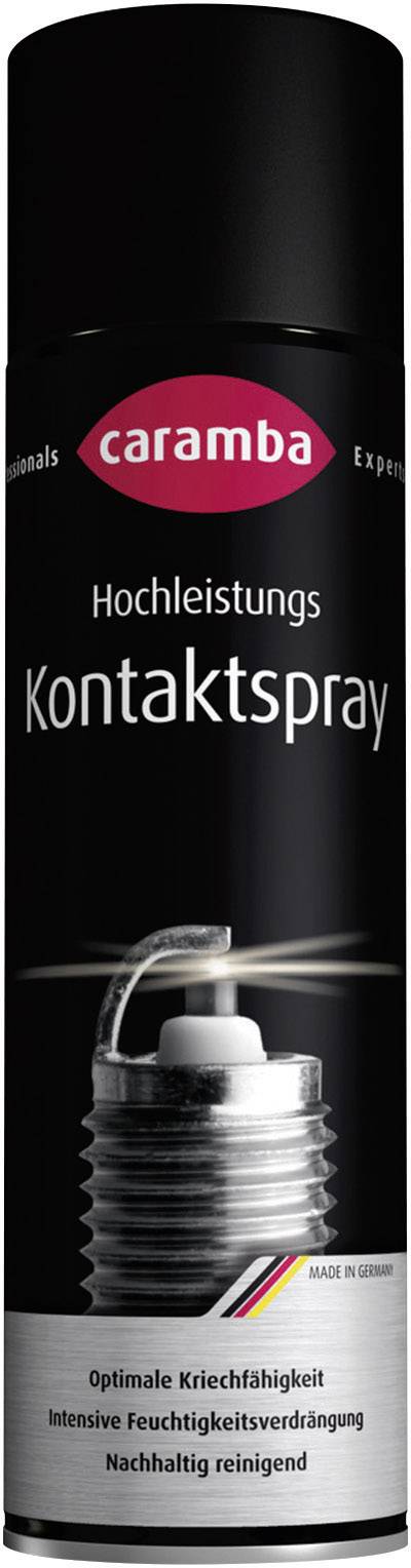 Dose mit Etikett 'Caramba Hochleistungs Kontaktspray'. Verspricht optimale Kriechfähigkeit und Feuchtigkeitsverdrängung. Made in Germany.