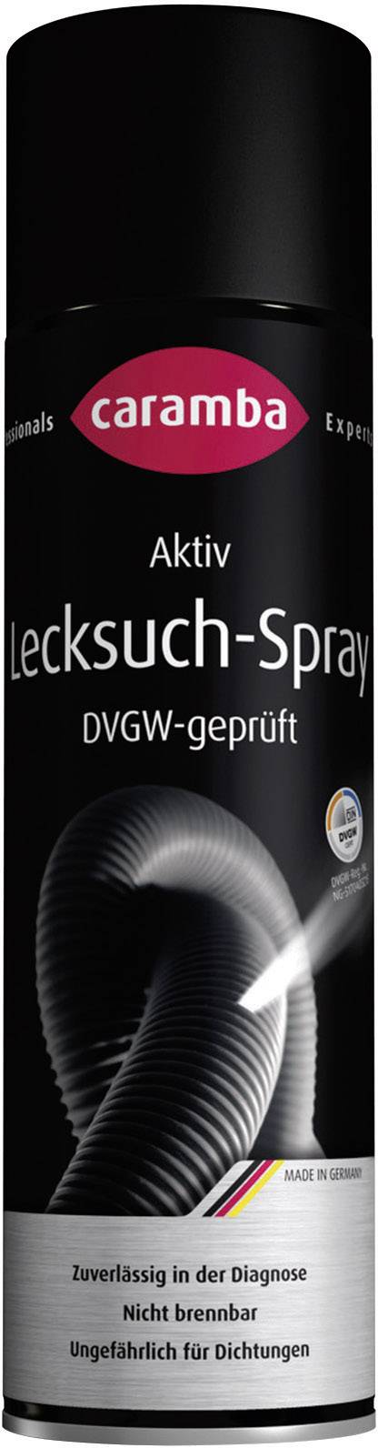 Black spray can with red 'caramba' logo. Text: 'Active Leak Detection Spray, DVGW-tested, reliable in diagnosis, non-flammable'.