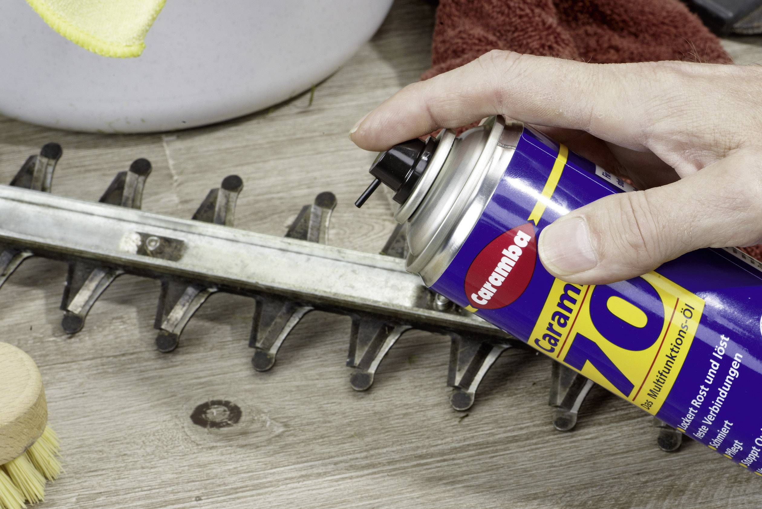 A person sprays oil from a blue can onto the blades of a hedge trimmer to maintain them. A towel and a bucket are visible in the background.