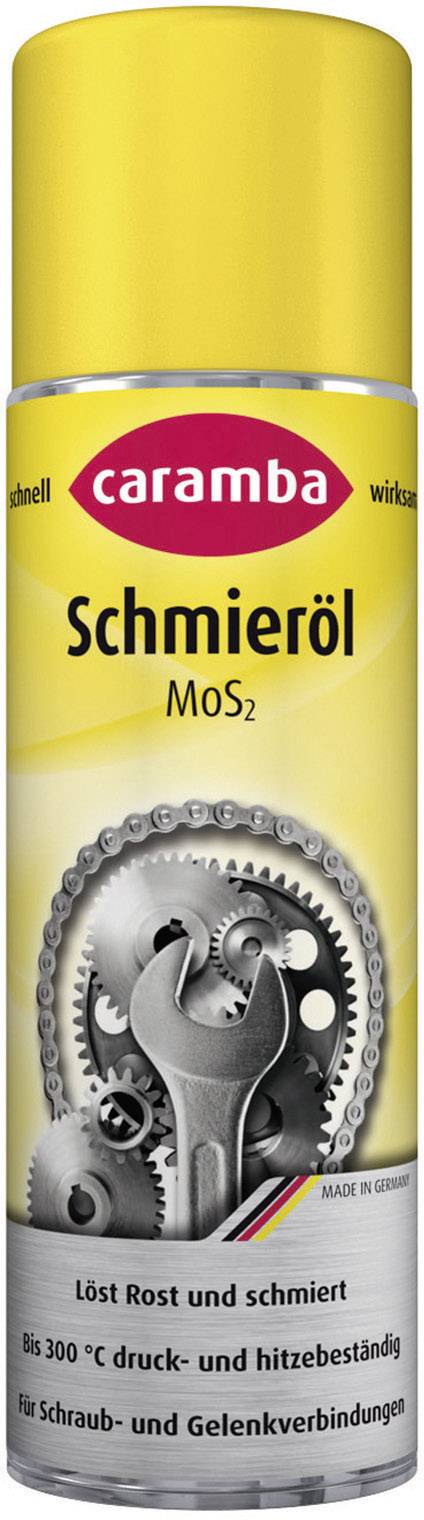Yellow spray can with the inscription 'caramba Lubricating Oil MoS2'. Shows gears and a spanner. Suitable for mechanical connections.