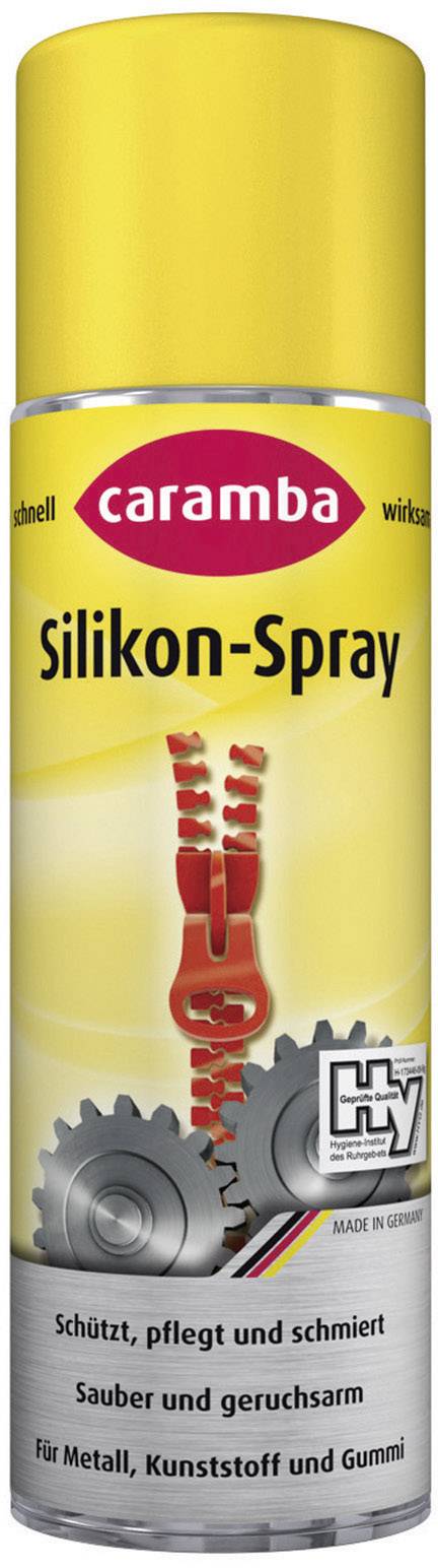 Yellow tin with red zip, 'caramba Silicone Spray'. Protects, maintains and lubricates; suitable for metal, plastic and rubber.