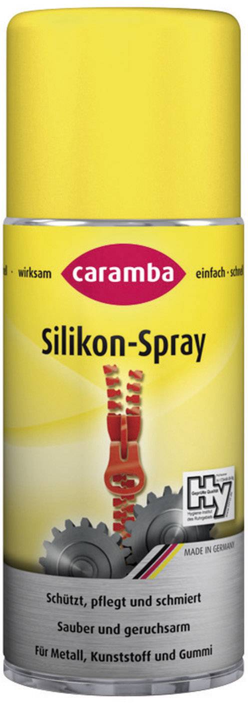 Yellow spray can with red 'caramba' logo on top. Label reads 'Silicone Spray'. Text at bottom: 'Protects, maintains and lubricates. For metal, plastic and rubber.'