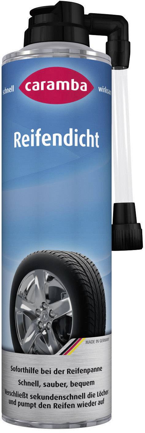 'Tyre Sealant' spray by Caramba, depicting a car tyre, describes quick and convenient application during a tyre puncture.