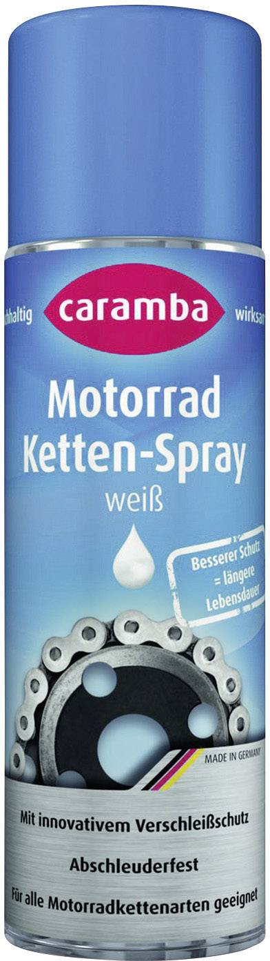 Caramba Motorcycle Chain Spray aerosol, suitable for all motorcycle chain types. White liquid for enhanced protection and extended lifespan.