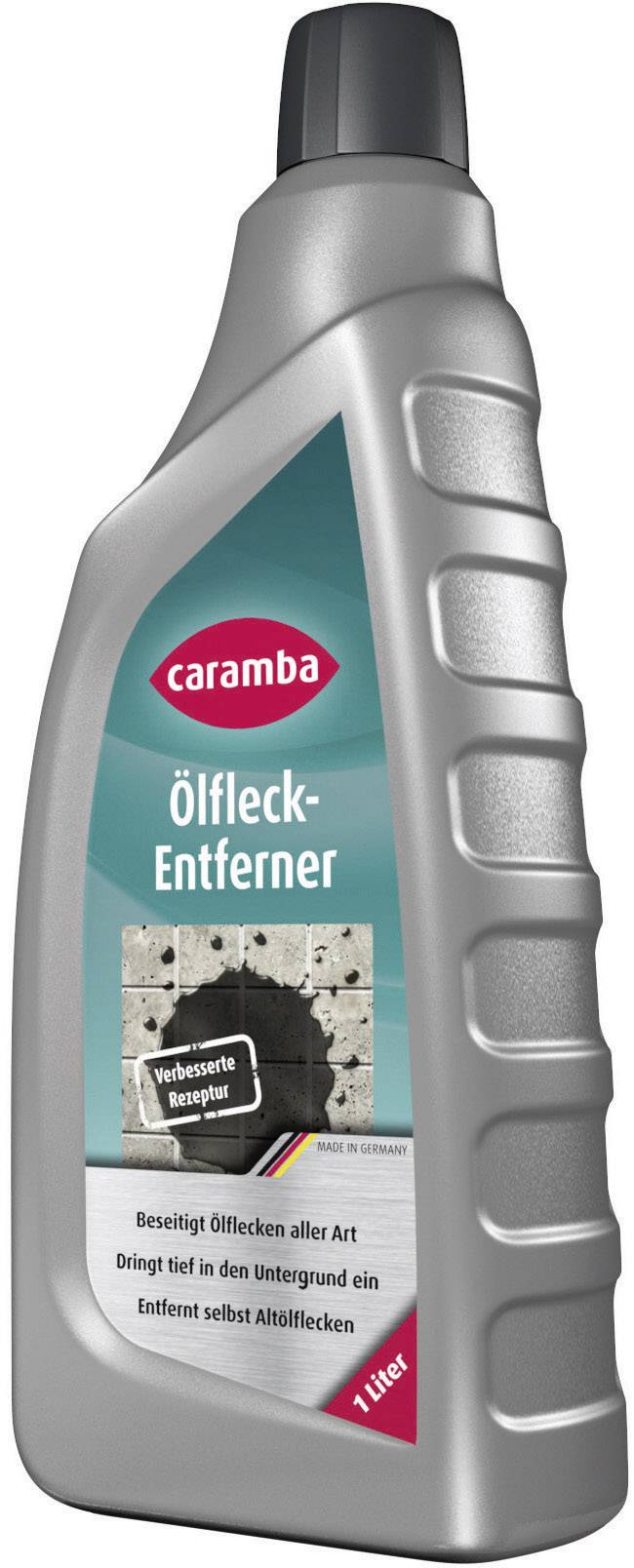 Bottle with grey body and black lid, label: 'Caramba Oil Stain Remover', 1 litre. Removes various oil stains.