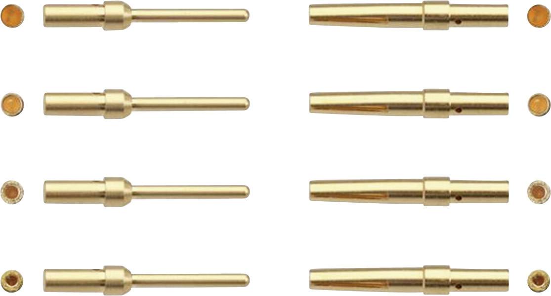 Eight golden pens with pointed ends, evenly arranged in two vertical rows. Each row consists of four pens.