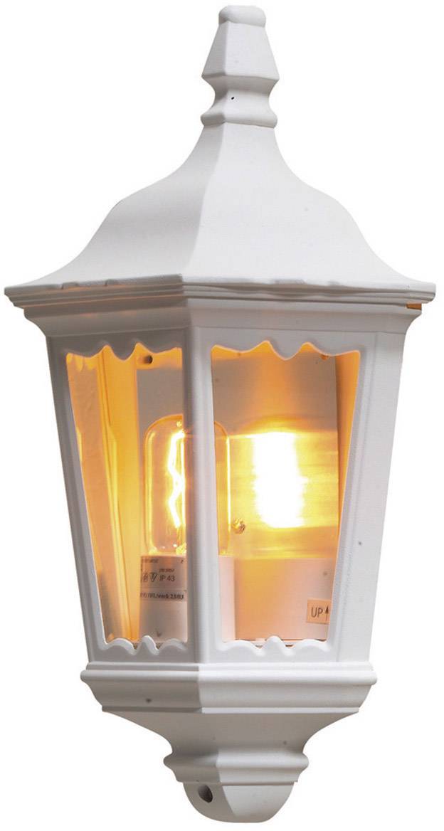 White metal wall light with a warm-glowing bulb inside, stylish and classic design for outdoor areas.